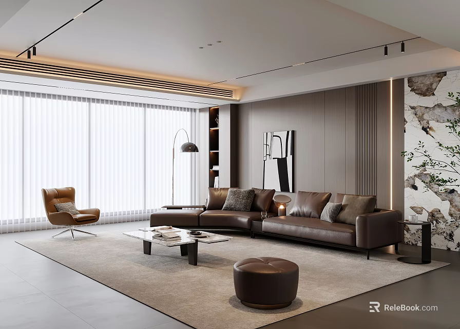 Modern Living Room Interior Design With Brown Sofa Floor To Ceiling Windows And Leather Armchair 3d model 