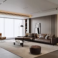 Modern Living Room Interior Design With Brown Sofa Floor To Ceiling Windows And Leather Armchair