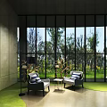 Modern Cultural Center Interior With Curved Walls Glass Display Cases Blue Floor And Lighting