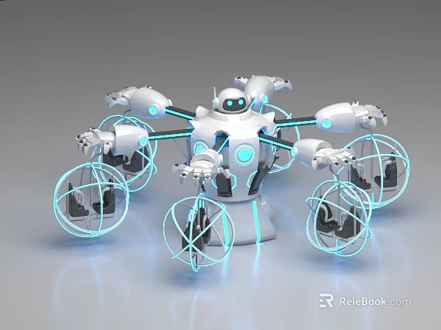 Robot Themed Amusement Ride With Suspended Seats And Blue Neon Lights 3d model 