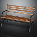 Outdoor Wooden Bench With Slatted Seat And Metal Armrests In Natural Park Setting