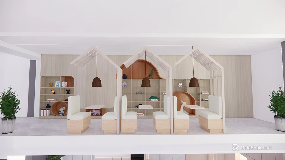 Book Art Reading Space With House Shaped Cubicles White Seats Hanging Lamps And Bookshelves 3d model 