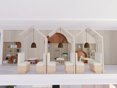 Book Art Reading Space With House Shaped Cubicles White Seats Hanging Lamps And Bookshelves 3d model