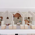 Book Art Reading Space With House Shaped Cubicles White Seats Hanging Lamps And Bookshelves