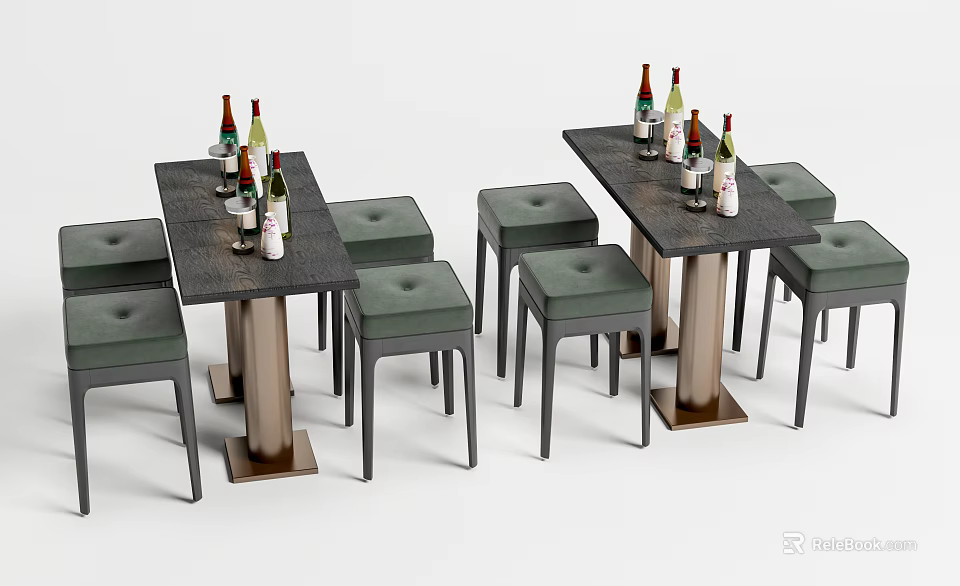 Dining Table Set with Black Tabletop and Green Padded Stools Featuring Wine Bottles and Glasses 3d model 