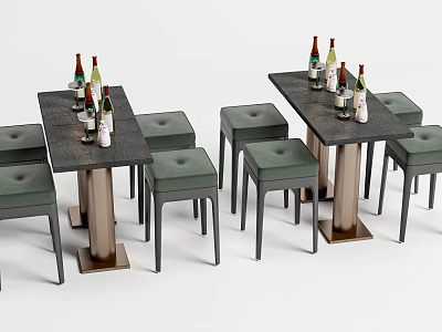 Dining Table Set with Black Tabletop and Green Padded Stools Featuring Wine Bottles and Glasses 3d model