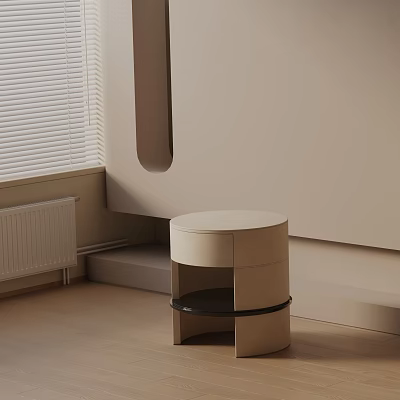 Modern Round Bedside Table With Light Wood Finish And Black Lower Shelf 3d model