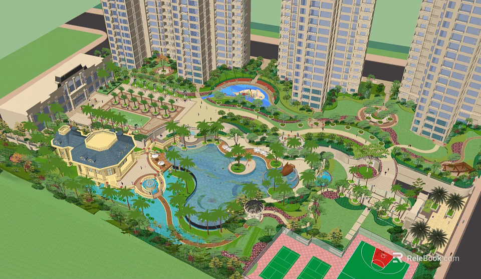 Residential Complex With High Rise Buildings Landscaped Gardens Swimming Pools And Basketball Court 3d model 