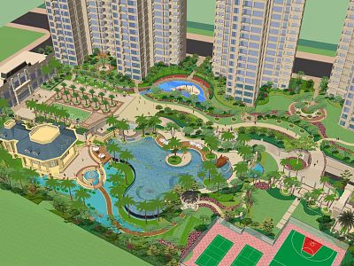 Residential Complex With High Rise Buildings Landscaped Gardens Swimming Pools And Basketball Court 3d model