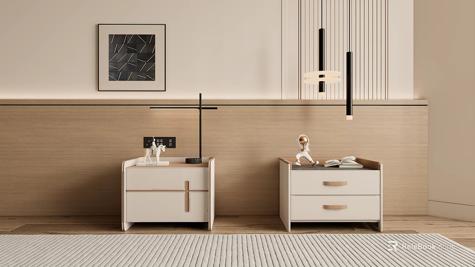Sleek Modern White Nightstands With Table Lamp Decorative Figurine Wall Art And Pendant Lights 3d model 