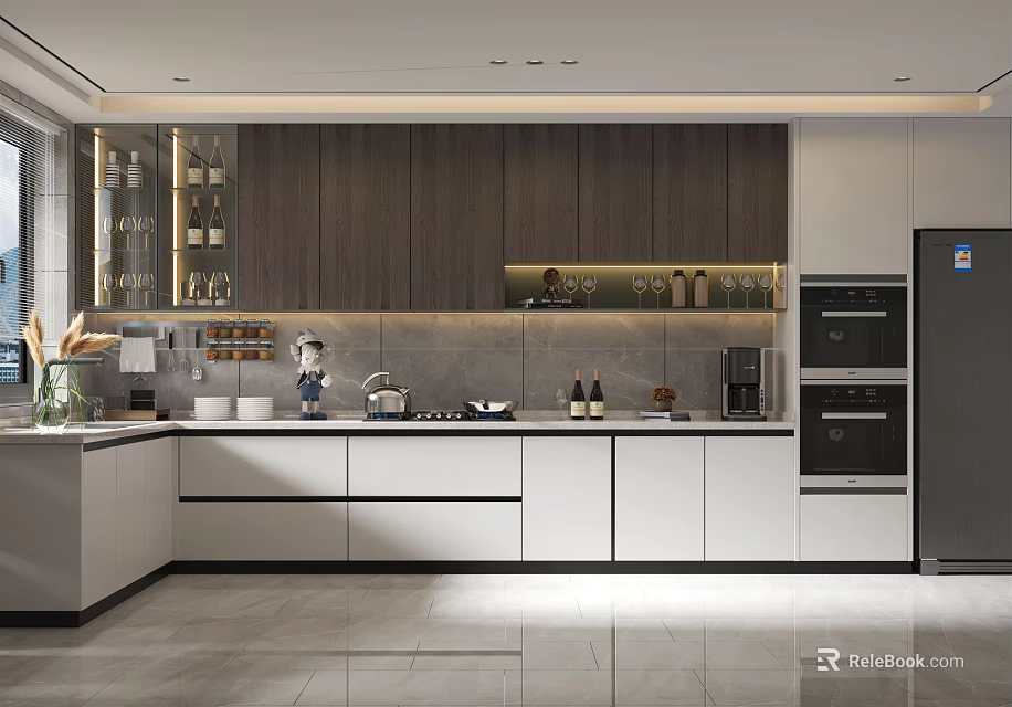 Modern Open Concept Kitchen Interior Design With Island Counter Cabinets And Appliances 3d model 