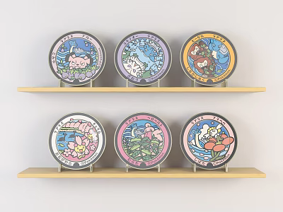 Colorful Decorative Plates With Cartoon Designs On Wooden Wall Shelves 3d model