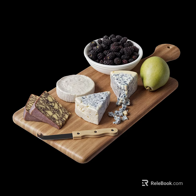 Assorted Cheeses With Fresh Blackberries Pear On Wooden Cutting Board And Knife 3d model 