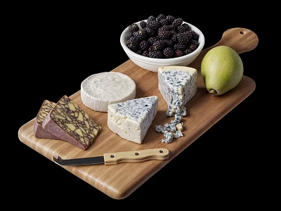 Assorted Cheeses With Fresh Blackberries Pear On Wooden Cutting Board And Knife 3d model