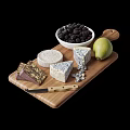 Assorted Cheeses With Fresh Blackberries Pear On Wooden Cutting Board And Knife