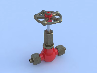 Red Industrial Valve With Metal Wheel Handle And Pipe Connections On Blue Background 3d model