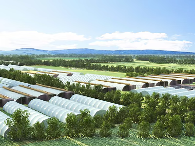 Modern Industrial Factory Complex With Row Buildings Green Areas And Distant Mountains 3d model