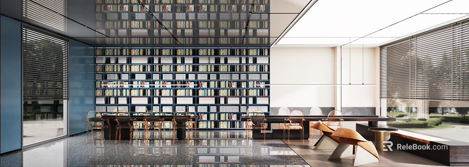 Book Art Inspired Library Interior Design With Numerous Bookshelves Filled With Books And Reflective Floor 3d model 