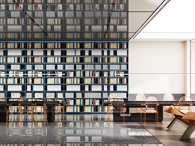 Book Art Inspired Library Interior Design With Numerous Bookshelves Filled With Books And Reflective Floor 3d model