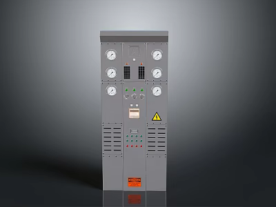 Gray Industrial Control Panel With Multiple Gauges Buttons Indicator Lights Warning Sign And Orange Label 3d model