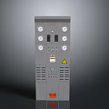 Gray Industrial Control Panel With Multiple Gauges Buttons Indicator Lights Warning Sign And Orange Label