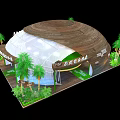 Modern Exhibition Booth With Curved Wooden Top And White Transparent Structure Surrounded By Palm Trees