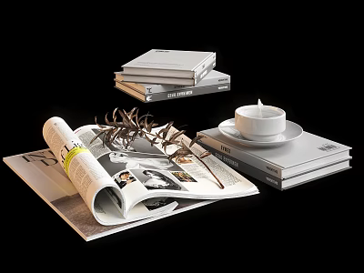 Stylish Open Magazine with Stack of Books and Teacup on Saucer with Decorative Twigs 3d model