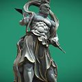 Three Ancient Muscular Mythological Statues Holding Weapons On Rock Bases