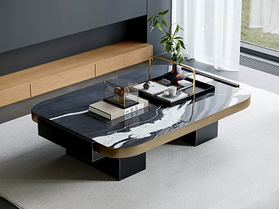 Modern Luxury Coffee Table With Marble Tabletop Black Gold Frame Decorative Plants And Books 3d model