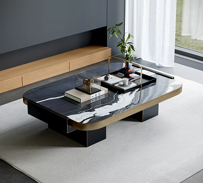 Modern Luxury Coffee Table With Marble Tabletop Black Gold Frame Decorative Plants And Books 3d model
