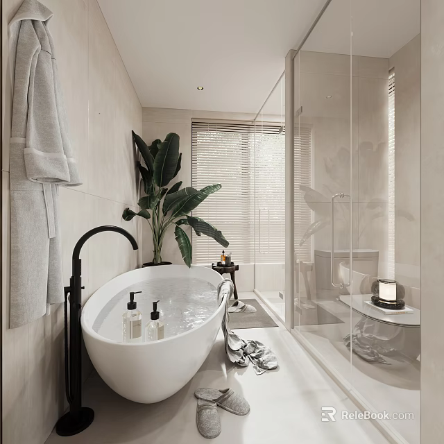 Modern Bathroom Interior Design With Freestanding Bathtub Green Plant Glass Shower And Window Blinds 3d model 
