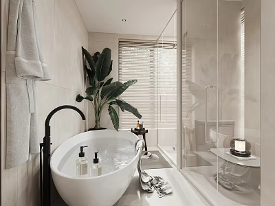 Modern Bathroom Interior Design With Freestanding Bathtub Green Plant Glass Shower And Window Blinds 3d model