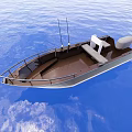 Small Wooden Boat With Steering Wheel Seats And Outboard Motor On Blue Sea