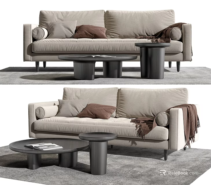 Comfortable Modern Beige Sofa and Coffee Table Set With Cushions and Throw Blanket 3d model 