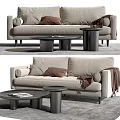 Comfortable Modern Beige Sofa and Coffee Table Set With Cushions and Throw Blanket