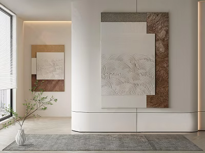 Abstract Paintings Adorn Modern Minimalist Interior With Plants And Rug 3d model