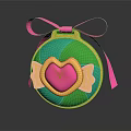 Decorative Ornament With Green Blue Surface Pink Heart Golden Accents And Pink Ribbon
