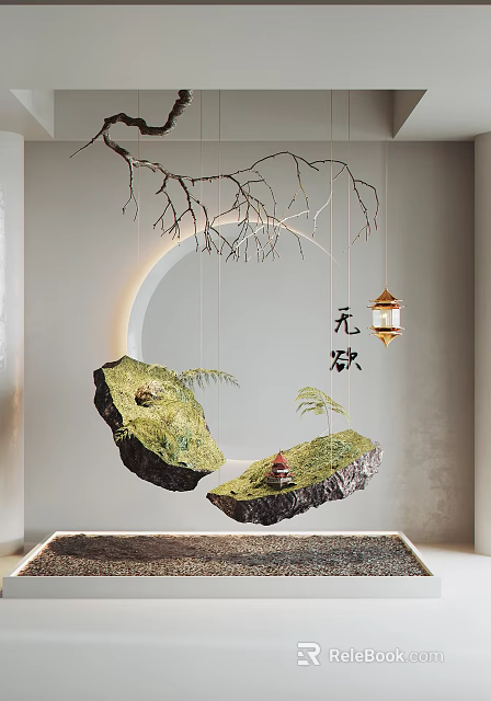 Artistic Window Display with Moss Covered Rocks Hanging Branches Lantern Red Pavilion and Chinese Characters 3d model 