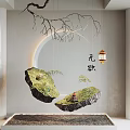 Artistic Window Display with Moss Covered Rocks Hanging Branches Lantern Red Pavilion and Chinese Characters
