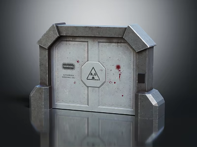 Gray Reinforced Metal Door With Warning Sign Blood Stains On Surface 3d model
