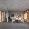 Minimalist Exhibition Hall Design With Spiral Staircase Wooden Bookshelves Large Windows And Gray Floor
