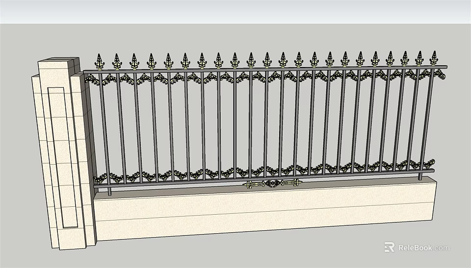 Classic Building Exterior Wall With Ornate Wrought Iron Fence And Stone Base 3d model 