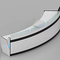 Modern Curved Office Desk Design With White Finish Blue Accents And Storage Cabinets