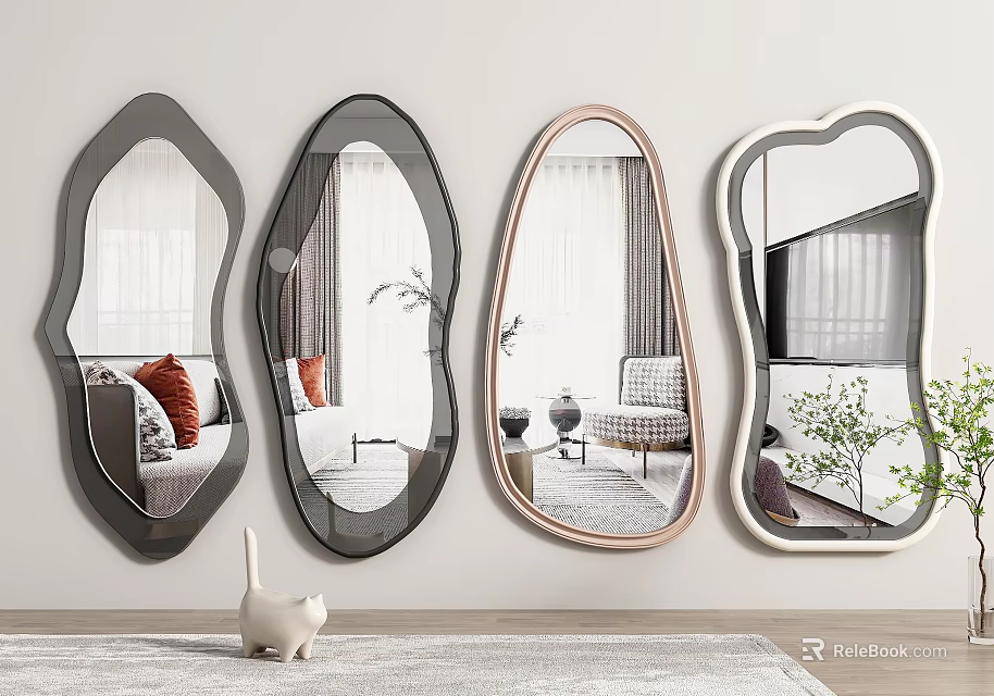 Various Shaped Mirrors Hanging On Living Room Wall With Small Decor Ornament 3d model 