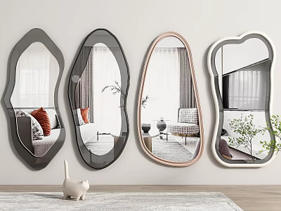 Various Shaped Mirrors Hanging On Living Room Wall With Small Decor Ornament 3d model