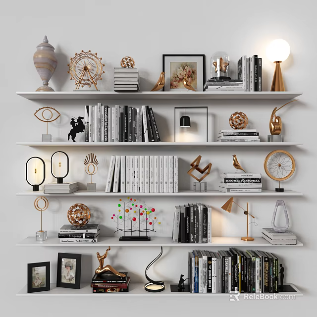 Stylish Wall Mounted Storage Shelf With Books Decorative Lamps Sculptures And Picture Frames 3d model 