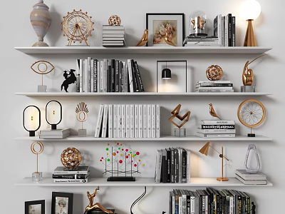 Stylish Wall Mounted Storage Shelf With Books Decorative Lamps Sculptures And Picture Frames 3d model