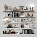 Stylish Wall Mounted Storage Shelf With Books Decorative Lamps Sculptures And Picture Frames