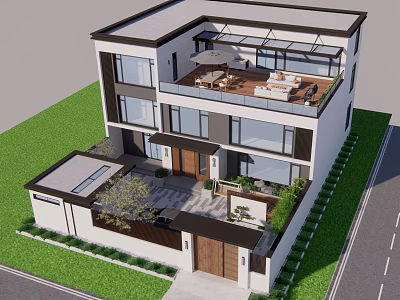 Modern Two Story Detached Villa With Large Windows Roof Terrace Courtyard Greenery And Driveway 3d model