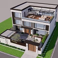Modern Two Story Detached Villa With Large Windows Roof Terrace Courtyard Greenery And Driveway